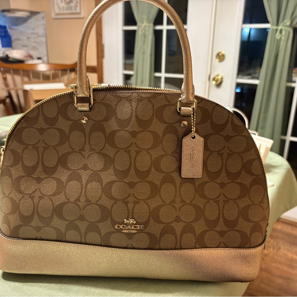 Coach Brown and Rose Gold Domed Satchel with Tan Signature Design